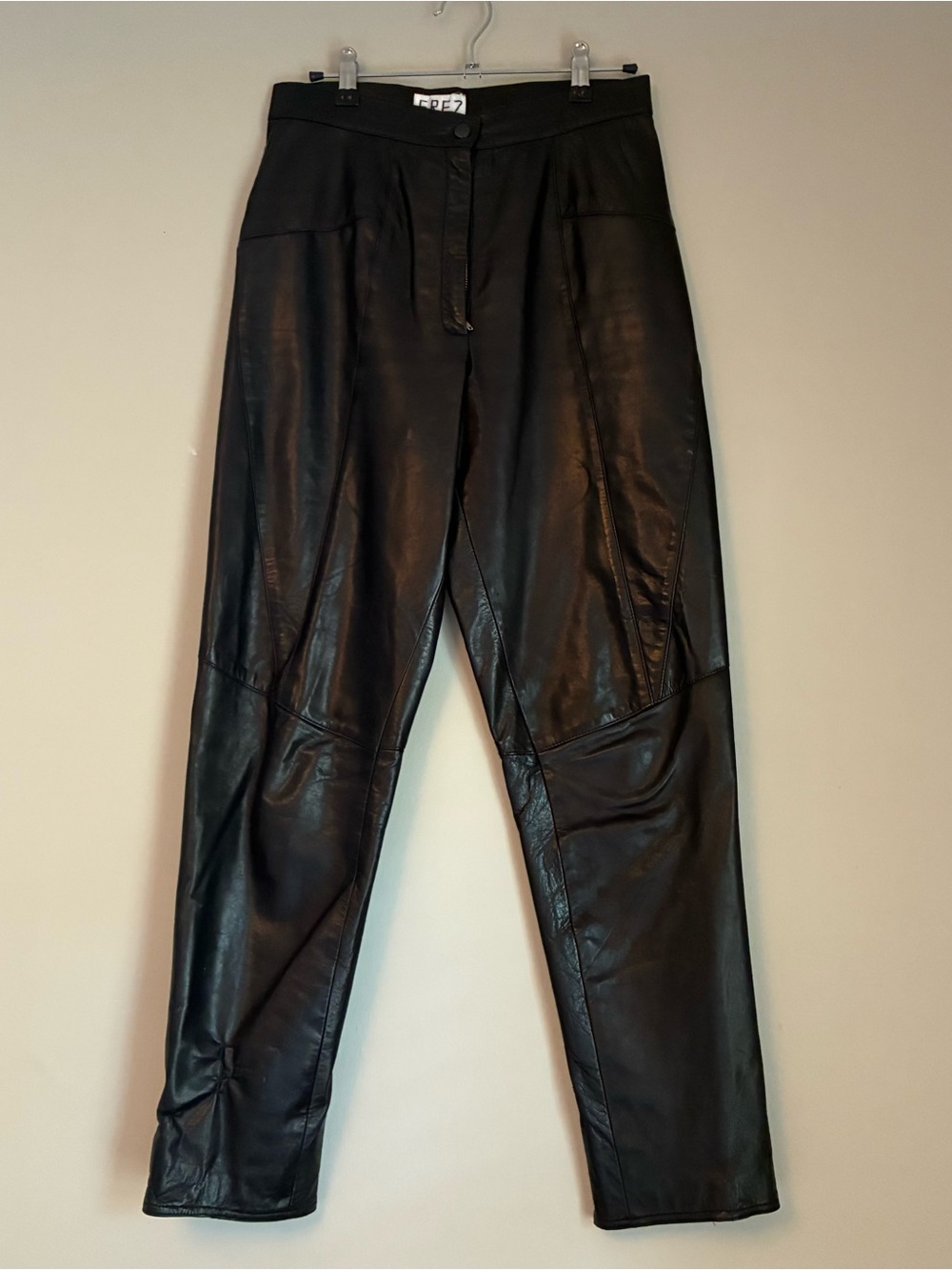 Vintage black leather straight leg pants with ankle zip